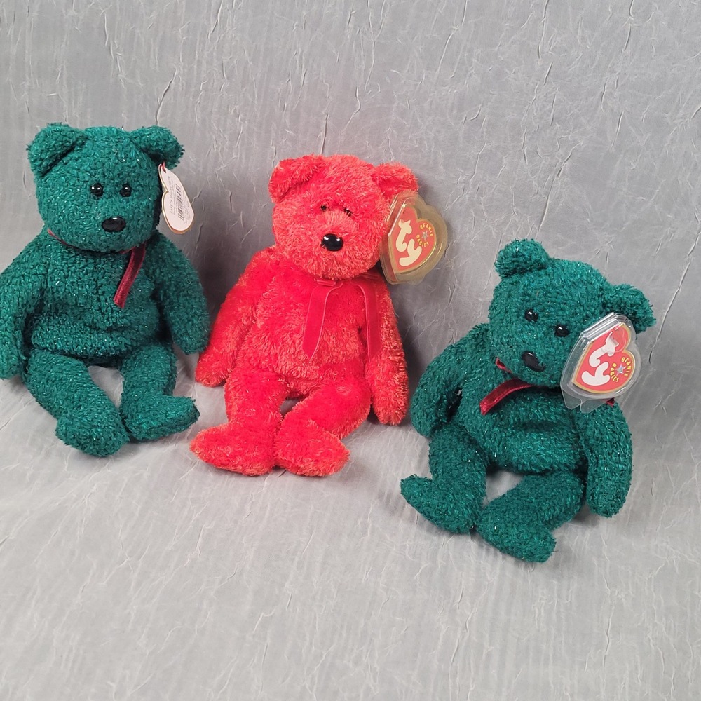 Ty Beanie Babies Lot 3 Sizzle 2001 Holiday Teddy Bears Red Green Tinsel Plush